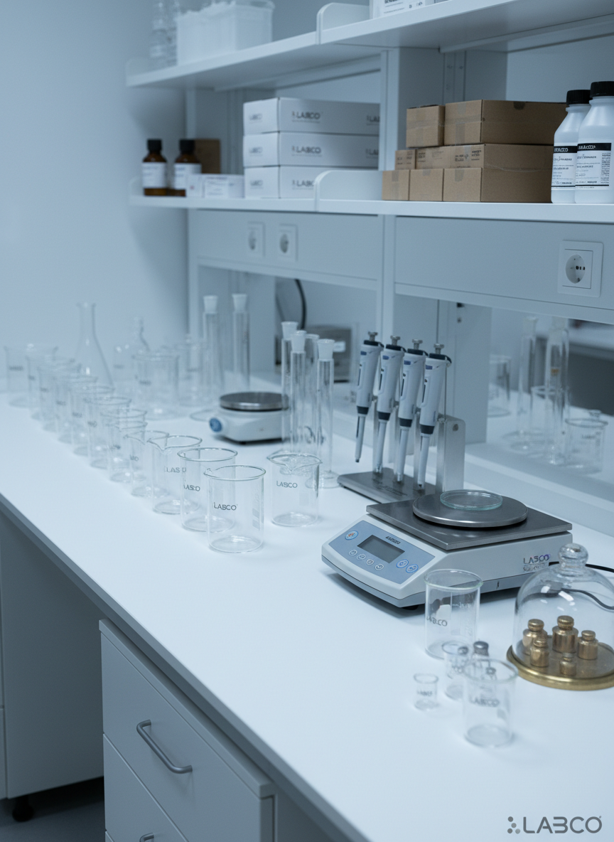 A meticulously organized laboratory workbench covered with high-quality scientific glassware and precision instruments, all branded subtly with a consistent, neutral design. Crystal-clear beakers, volumetric flasks, and graduated cylinders stand in orderly rows beside stainless steel pipettes and a sleek digital balance. The bench surface is a spotless white epoxy top, set within a modern laboratory with clean shelving and neatly stacked consumable boxes in the background. Cool, diffused overhead lab lighting creates even illumination with soft reflections on the glass and metal surfaces. Photographic realism at eye level, with a slight angle to show depth, emphasizing accuracy, order, and professional reliability suitable for a lab supplies company homepage hero image.