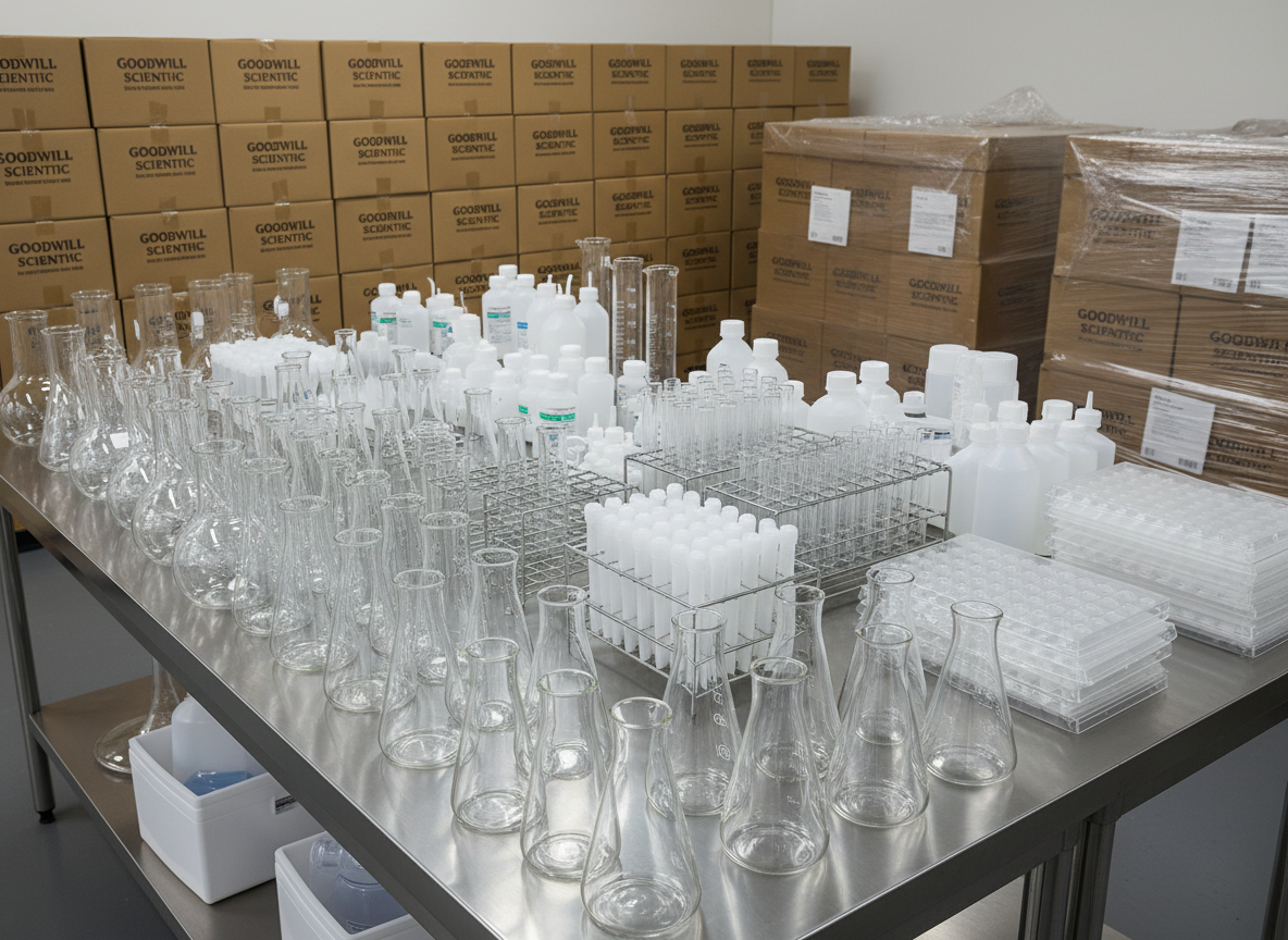 An array of laboratory glassware and plasticware laid out on a stainless steel prep table, ready for institutional procurement inspection. There are rows of Erlenmeyer flasks, test tubes in racks, conical tubes, reagent bottles, and multiwell plates, all pristine and unused. In the background, clearly organized cardboard cartons and plastic-wrapped pallets suggest bulk supply for universities and research hospitals. Neutral, cool-white overhead lighting creates a bright, clinical environment with sharp, clean reflections on glass and metal. Photographic realism at a slightly elevated angle, showing the breadth of inventory. The atmosphere is efficient, dependable, and scalable, emphasizing Goodwill Scientific’s capacity to support large laboratories and educational institutions.