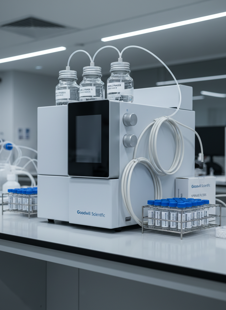 A high-end analytical laboratory setup featuring a modern benchtop instrument, such as a compact chromatography system, surrounded by supporting lab supplies from Goodwill Scientific. The instrument has a smooth white housing with discrete metallic accents and a small, dark glass panel. Nearby are organized solvent bottles with secure caps, labeled sample vials in metal racks, PTFE tubing, and a box of syringe filters. The benchtop is pristine, with a subtle reflection of the device on its surface. Cool, controlled overhead lighting with a gentle side highlight emphasizes edges and technical details. Shot in photographic realism from a three-quarter angle, with moderate depth of field, the mood is cutting-edge yet reliable, ideal for illustrating precision in advanced scientific workflows.