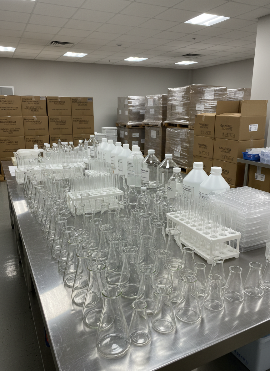 An array of laboratory glassware and plasticware laid out on a stainless steel prep table, ready for institutional procurement inspection. There are rows of Erlenmeyer flasks, test tubes in racks, conical tubes, reagent bottles, and multiwell plates, all pristine and unused. In the background, clearly organized cardboard cartons and plastic-wrapped pallets suggest bulk supply for universities and research hospitals. Neutral, cool-white overhead lighting creates a bright, clinical environment with sharp, clean reflections on glass and metal. Photographic realism at a slightly elevated angle, showing the breadth of inventory. The atmosphere is efficient, dependable, and scalable, emphasizing Goodwill Scientific’s capacity to support large laboratories and educational institutions.