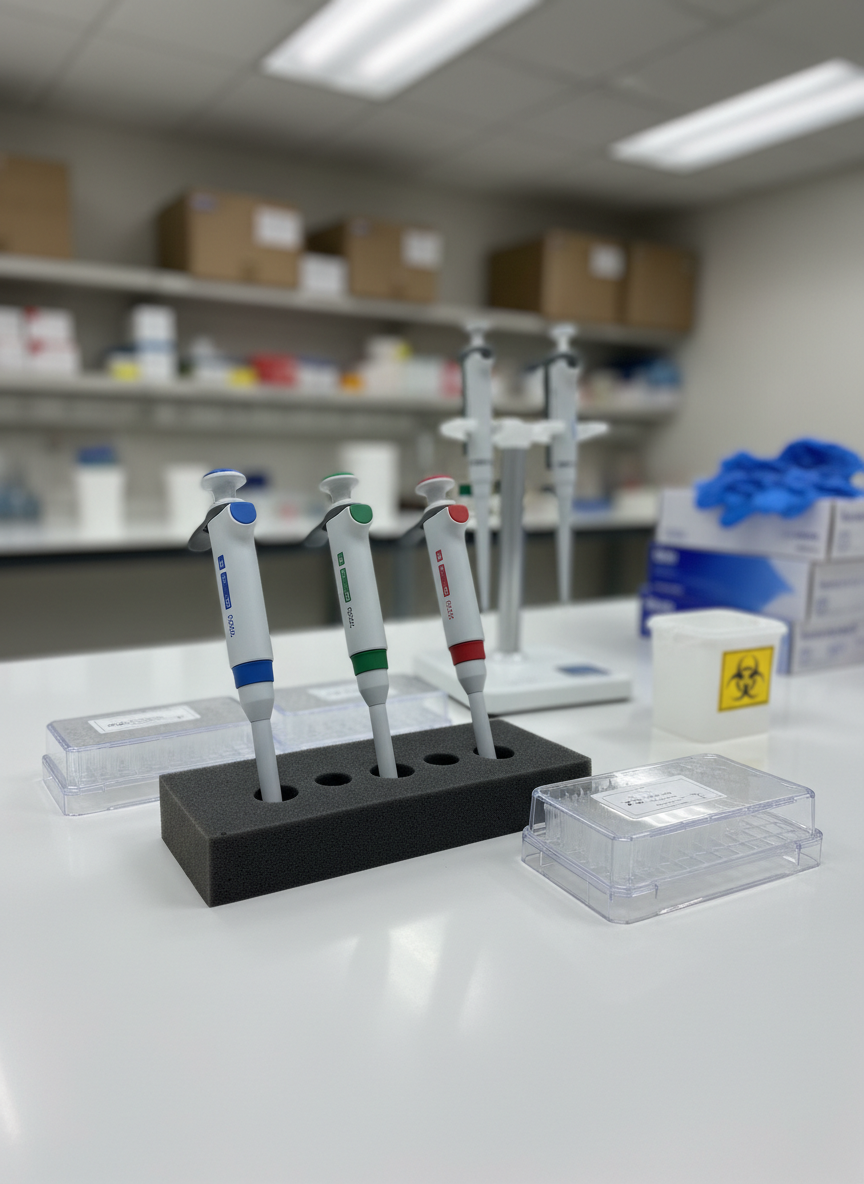 A close-up, photographic view of a set of premium laboratory pipettes arranged in a custom foam-lined holder on a clean benchtop. Each pipette has a matte white body with subtle colored accents to differentiate volume ranges, and fine knurled adjustment wheels. Around them, there are neatly sealed racks of sterile tips, a compact pipette stand, and a small labeled waste container. The background shows softly blurred shelves holding bulk boxes of consumables and safety gloves. Bright, even lab lighting from overhead panels creates crisp reflections and gentle shadows, conveying precision and confidence. Captured at a slight diagonal angle with shallow depth of field, the mood is highly professional and focused on accuracy in scientific workflows.