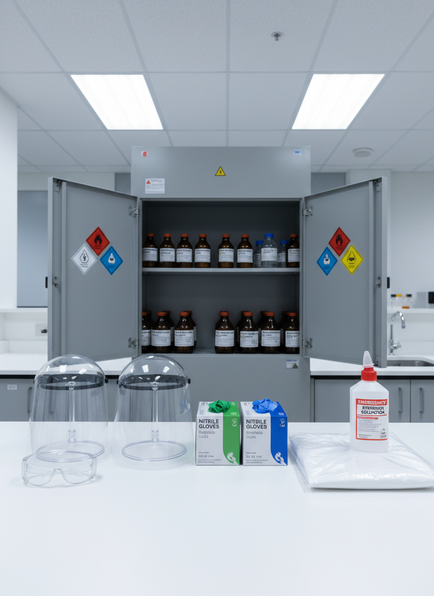 A dedicated laboratory safety station showcasing essential protective equipment and compliance-focused supplies. On a smooth white counter sit carefully arranged safety goggles, face shields, nitrile glove boxes, lab coat packaging, and an emergency eyewash bottle, all aligned with precision. Behind them, a clearly visible chemical storage cabinet with color-coded hazard labels and neatly organized reagent bottles reinforces a culture of safety. The scene is lit by cool, uniform fluorescent lab lighting, creating minimal shadows and clear readability of shapes and surfaces. Photographic realism from a straight-on, eye-level composition, with moderate depth of field to keep all items sharp. The mood is serious, trustworthy, and reassuring, underscoring excellence in safety solutions for scientific environments.