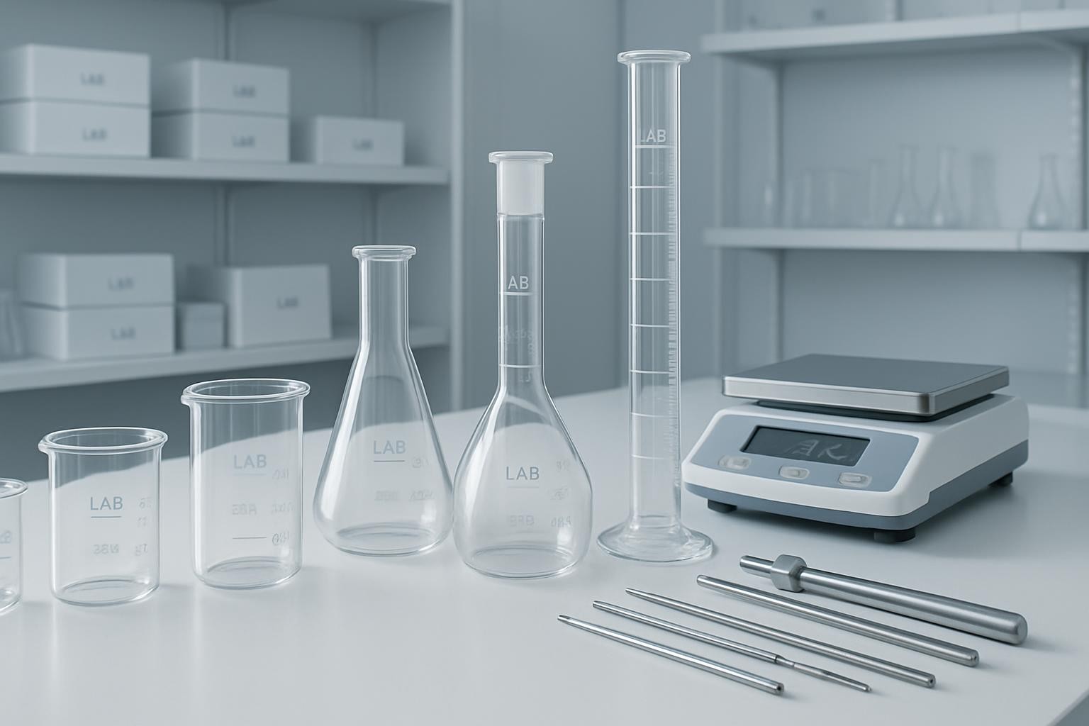 A meticulously organized laboratory workbench covered with high-quality scientific glassware and precision instruments, all branded subtly with a consistent, neutral design. Crystal-clear beakers, volumetric flasks, and graduated cylinders stand in orderly rows beside stainless steel pipettes and a sleek digital balance. The bench surface is a spotless white epoxy top, set within a modern laboratory with clean shelving and neatly stacked consumable boxes in the background. Cool, diffused overhead lab lighting creates even illumination with soft reflections on the glass and metal surfaces. Photographic realism at eye level, with a slight angle to show depth, emphasizing accuracy, order, and professional reliability suitable for a lab supplies company homepage hero image.